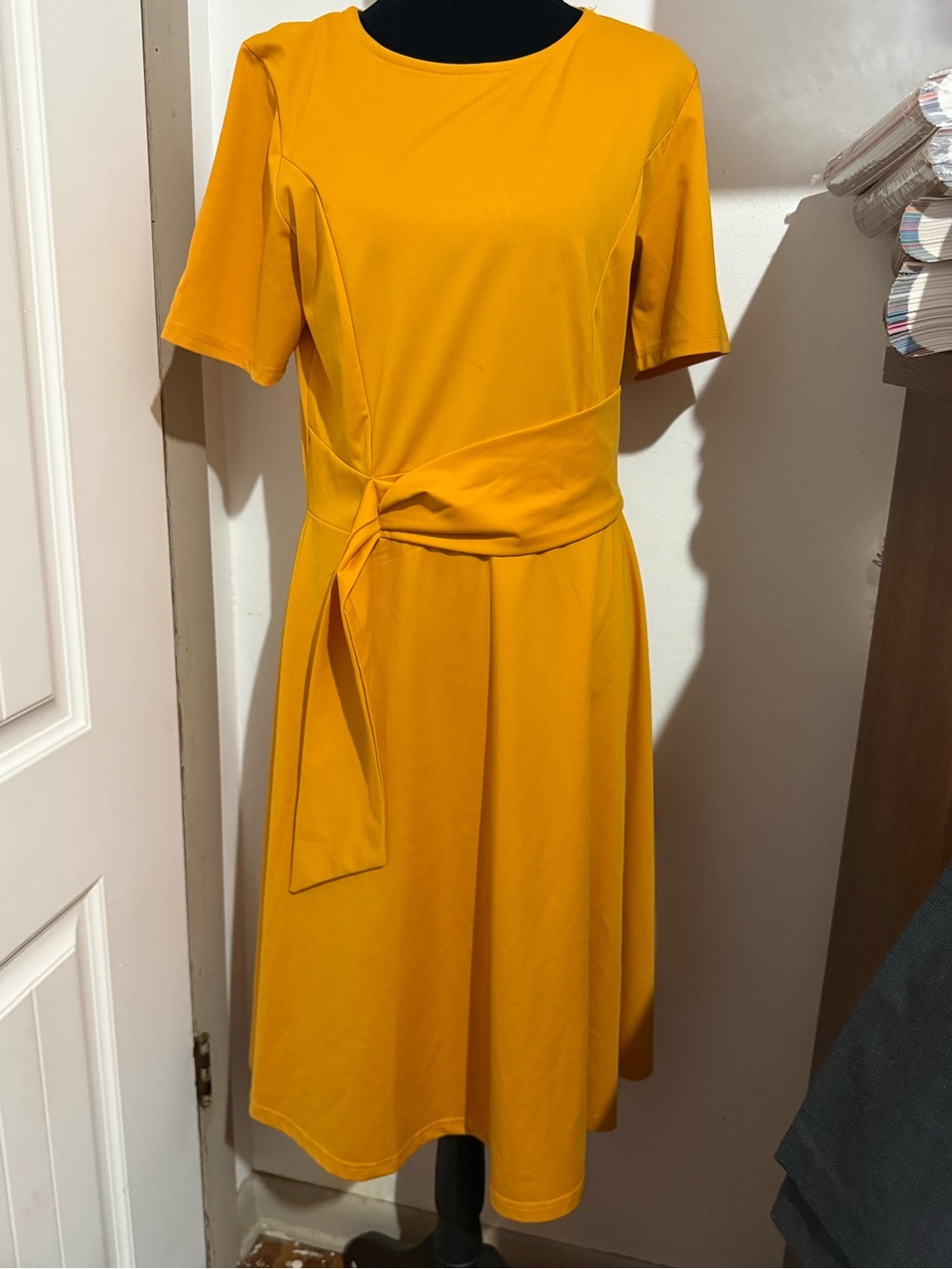 Tie-Waist Midi Dress in Mustard Yellow